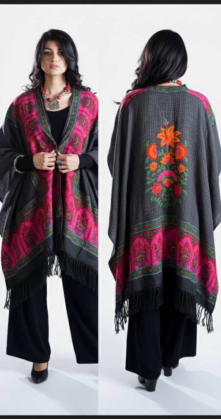 100% Wool Kimono Shawl large cape, fringed Ethno-Chic, Boho, Artisanal Heritage